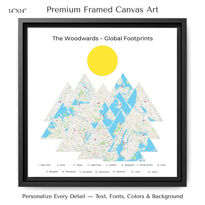 Custom location maps wall art featuring personalized names, places, and title –14x14 framed canvas-ARTFULANE