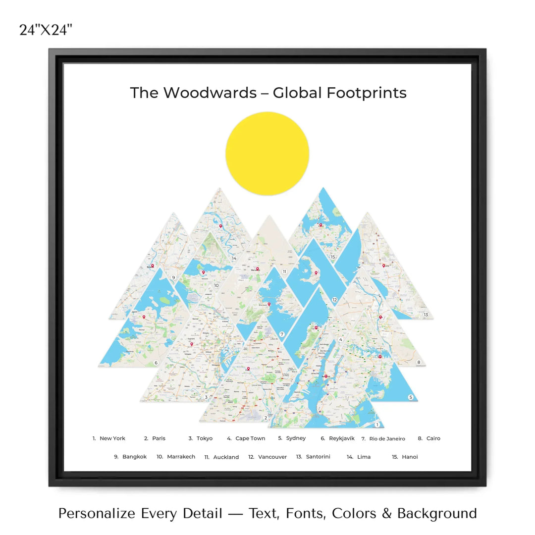 Custom location maps wall art featuring personalized names, places, and title –24x24 framed canvas-ARTFULANE