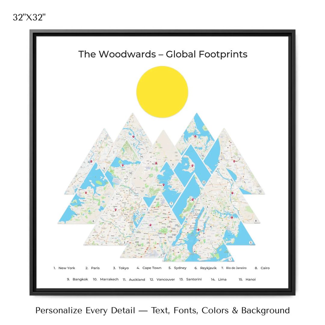 Custom location maps wall art featuring personalized names, places, and title –32x32 framed canvas-ARTFULANE