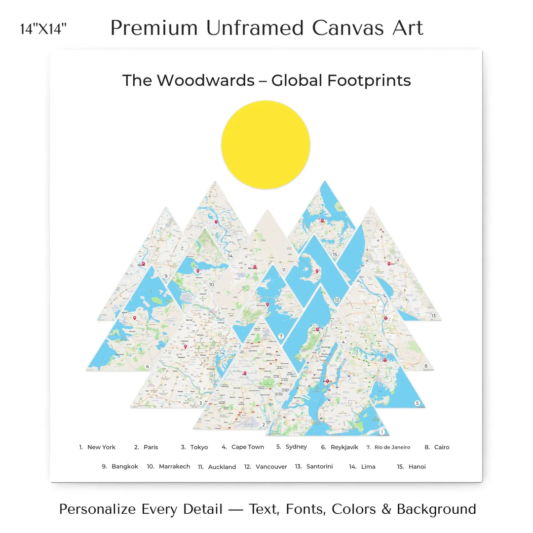 Custom location maps wall art featuring personalized names, places, and title –14x14 stretched canvas-ARTFULANE