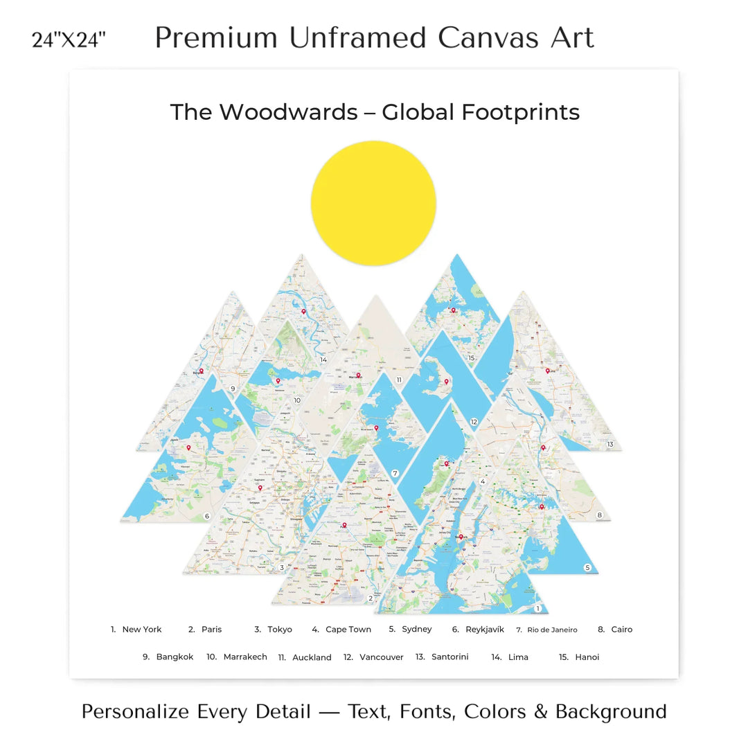 Custom location maps wall art featuring personalized names, places, and title –24x24 stretched canvas-ARTFULANE