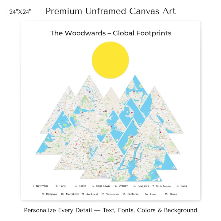 Custom location maps wall art featuring personalized names, places, and title –24x24 stretched canvas-ARTFULANE