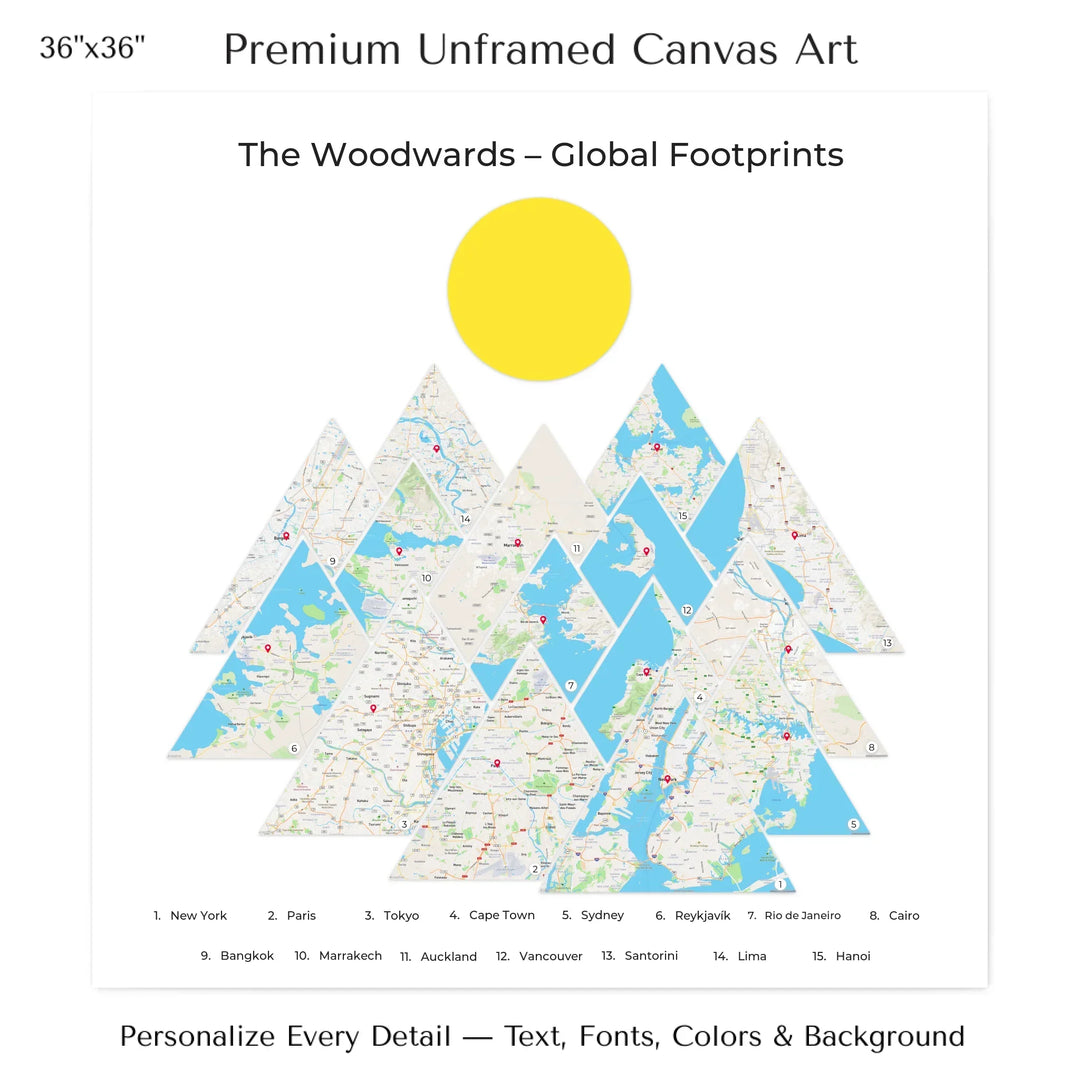 Custom location maps wall art featuring personalized names, places, and title –36x36 stretched canvas-ARTFULANE