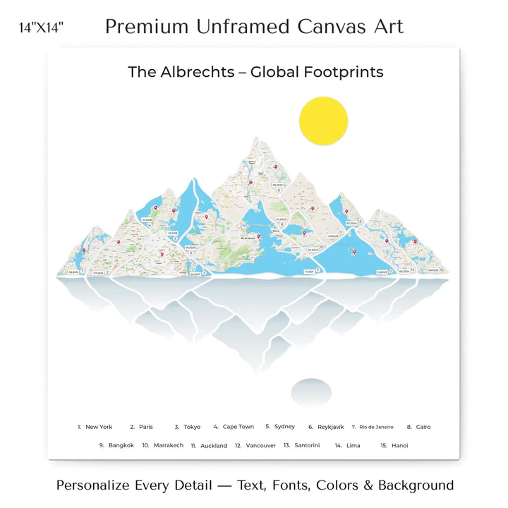 Custom Mountain Range Location Maps Wall Art - 14x14 stretched canvas-ARTFULANE
