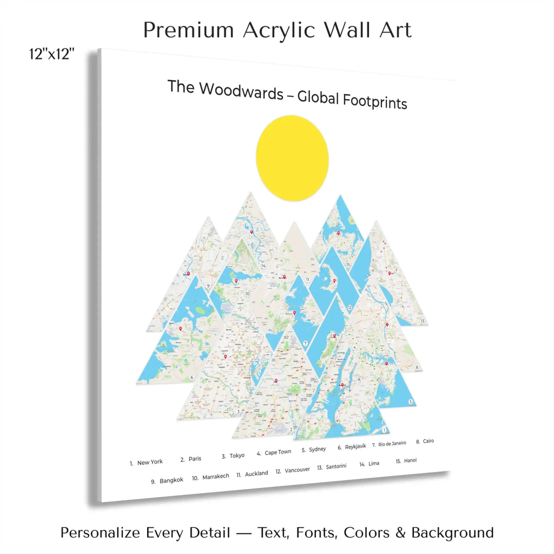 Custom location maps wall art featuring personalized names, places, and title –12x12 acrylic print with french cleat-ARTFULANE