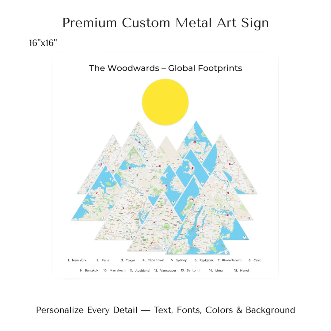 Custom location maps wall art featuring personalized names, places, and title –16x16 metal art sign-ARTFULANE