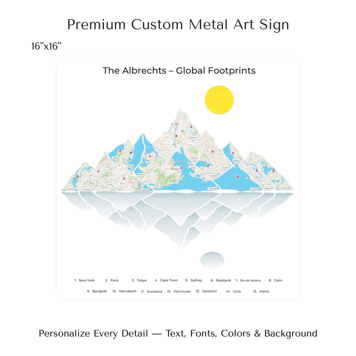 Custom Mountain Range Location Maps Wall Art - 16x16 metal art sign-ARTFULANE