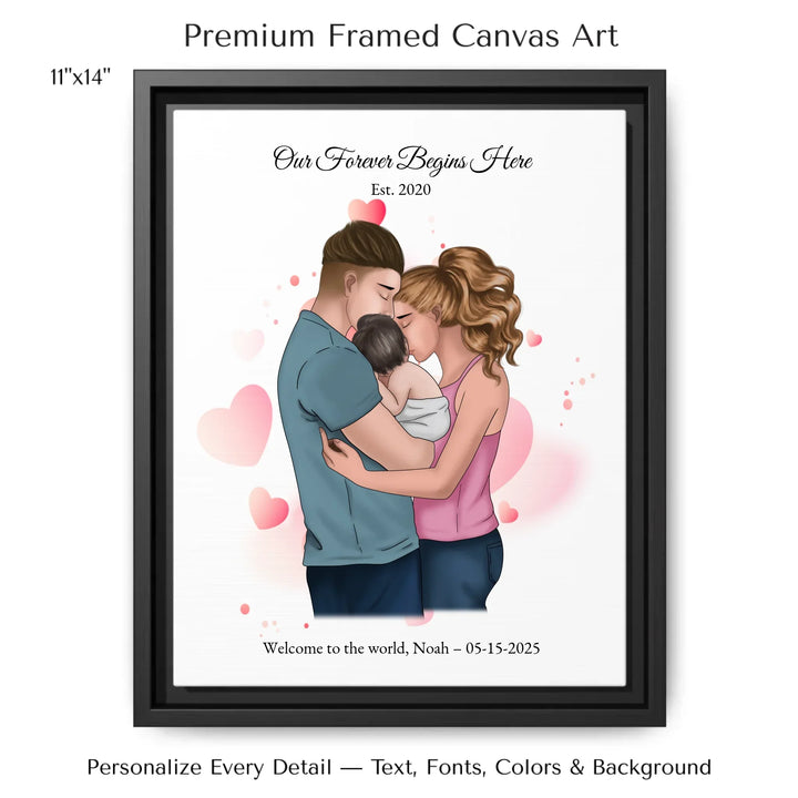 Illustrated custom family portrait wall art with couple holding baby, watercolor background, and personalized text including names, date, and quote -11x14 framed canvas-ARTFULANE