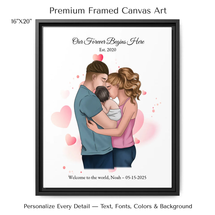 Illustrated custom family portrait wall art with couple holding baby, watercolor background, and personalized text including names, date, and quote - 16x20 framed canvas-ARTFULANE