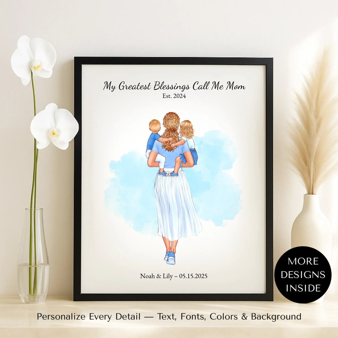 Illustrated custom portrait of mother holding baby, watercolor-style background, personalized names and date included - framed canvas on table-ARTFULANE