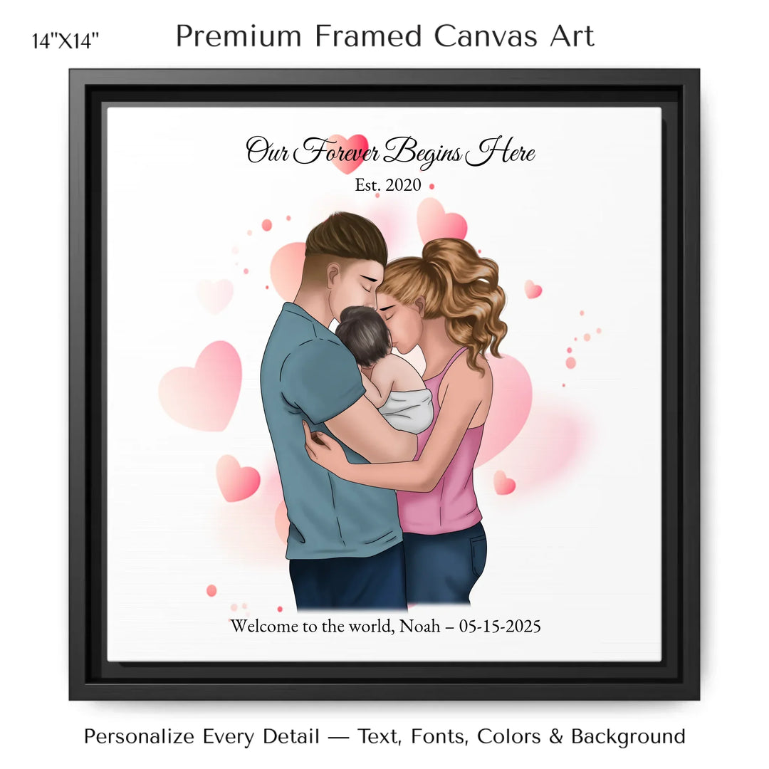 Illustrated custom family portrait wall art with couple holding baby, watercolor background, and personalized text including names, date, and quote -14x14 framed canvas-ARTFULANE