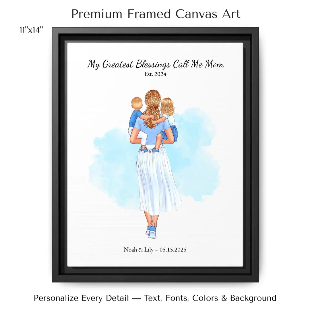 Illustrated custom portrait of mother holding baby, watercolor-style background, personalized names and date included - 11x14 framed canvas-ARTFULANE