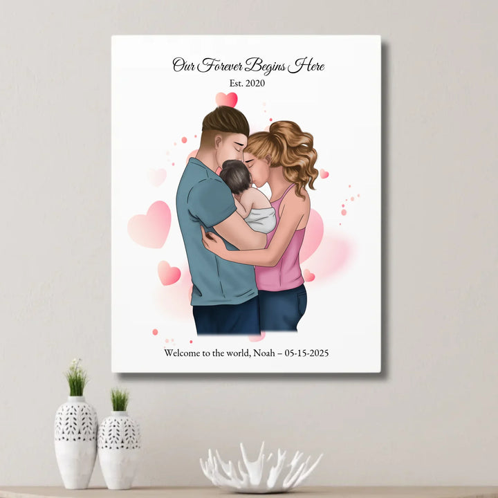 Illustrated custom family portrait wall art with couple holding baby, watercolor background, and personalized text including names, date, and quote - unframed canvas on wall-ARTFULANE