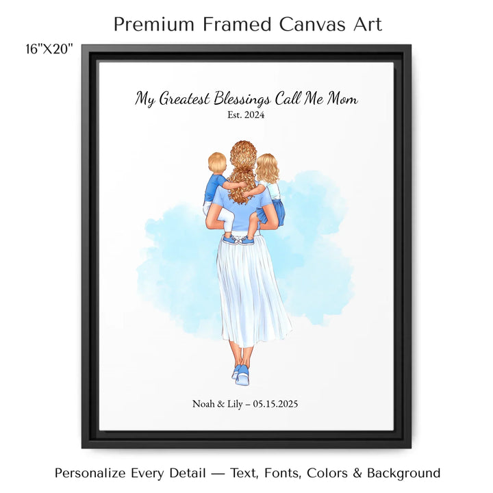 Illustrated custom portrait of mother holding baby, watercolor-style background, personalized names and date included - 16x20 framed canvas-ARTFULANE