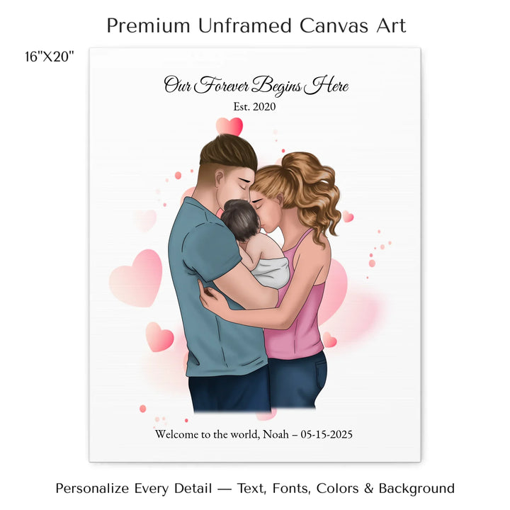 Illustrated custom family portrait wall art with couple holding baby, watercolor background, and personalized text including names, date, and quote - 16x20 stretched canvas-ARTFULANE