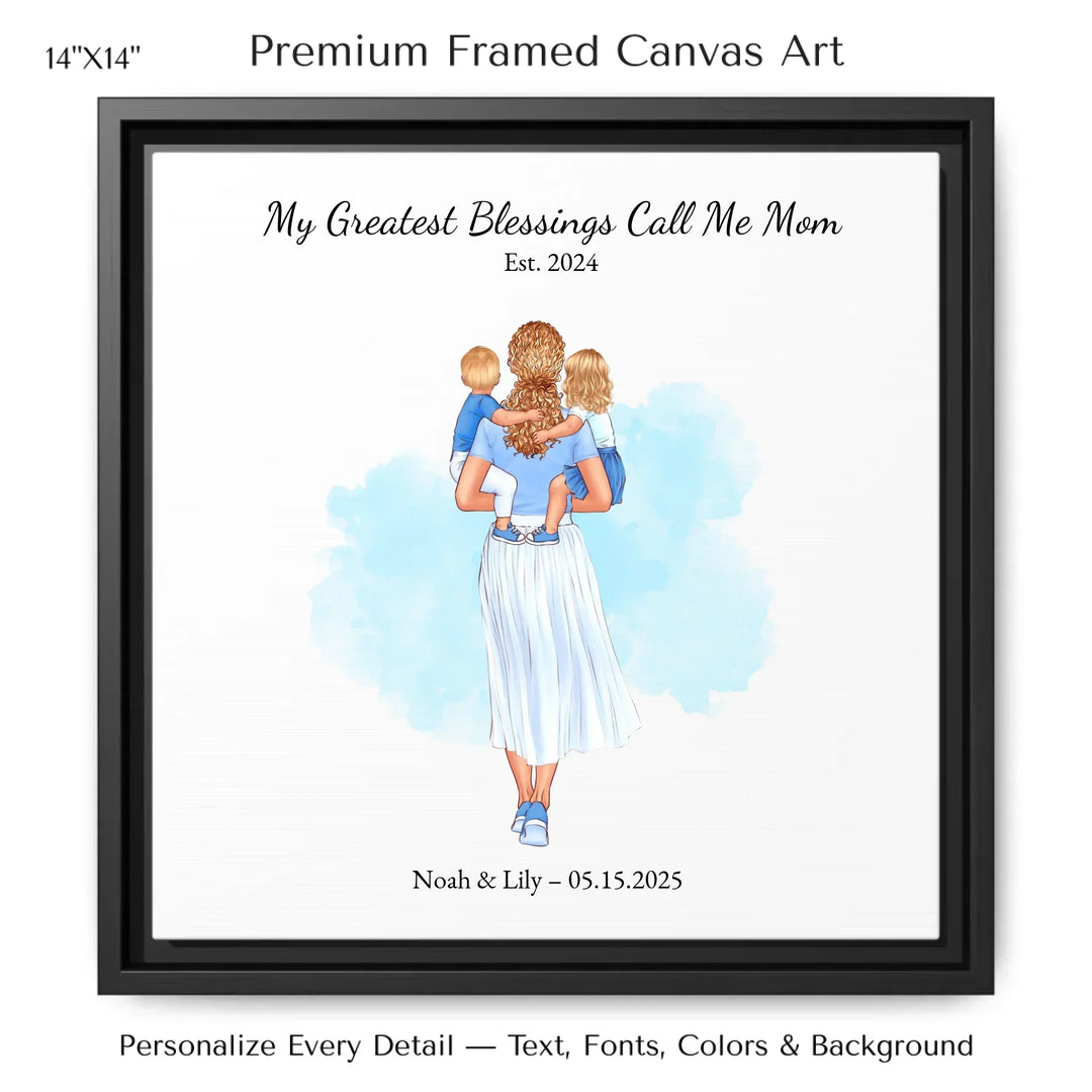 Illustrated custom portrait of mother holding baby, watercolor-style background, personalized names and date included - 14x14 framed canvas-ARTFULANE