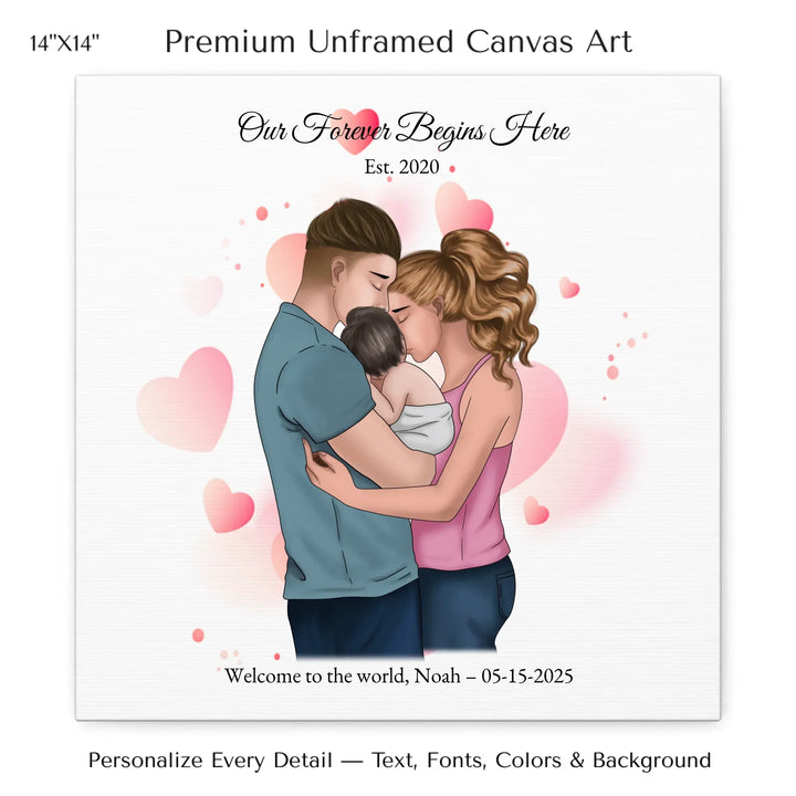 Illustrated custom family portrait wall art with couple holding baby, watercolor background, and personalized text including names, date, and quote - 14x14 stretched canvas-ARTFULANE