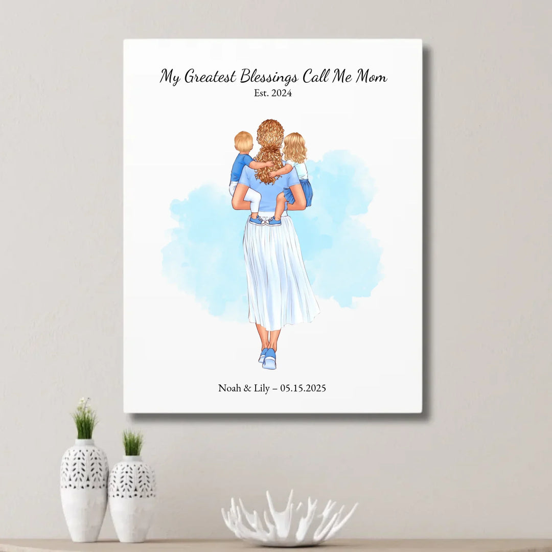 Illustrated custom portrait of mother holding baby, watercolor-style background, personalized names and date included -  unframed canvas on wall-ARTFULANE