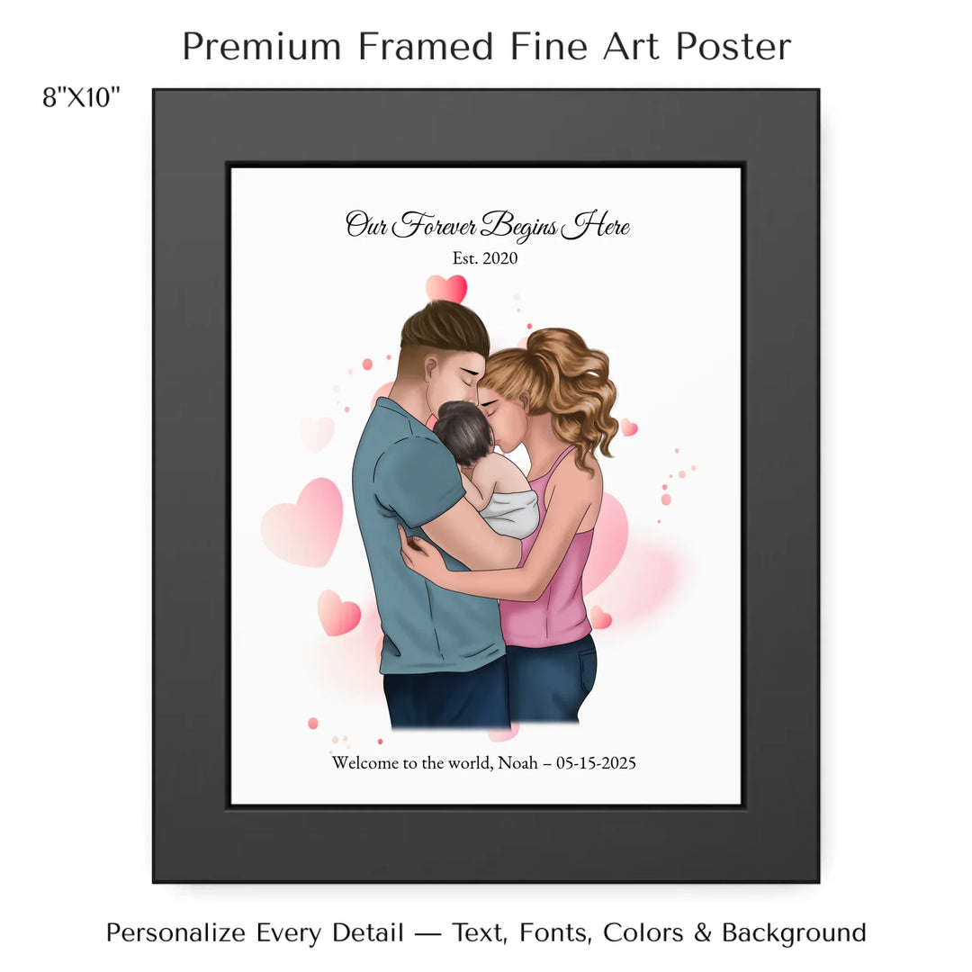Illustrated custom family portrait wall art with couple holding baby, watercolor background, and personalized text including names, date, and quote -8x10 framed poster-ARTFULANE