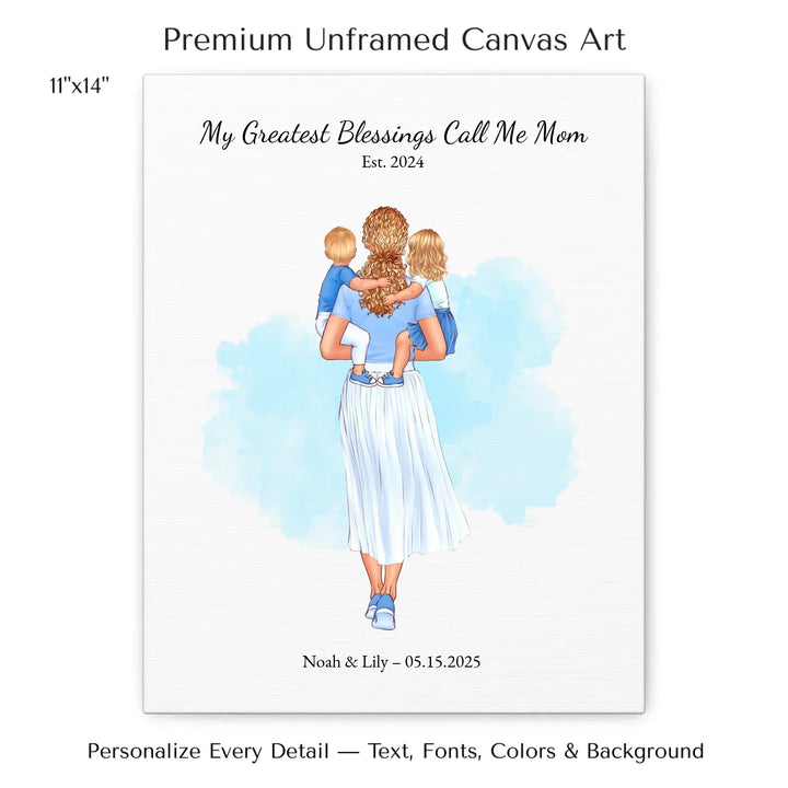 Illustrated custom portrait of mother holding baby, watercolor-style background, personalized names and date included - 11x14 stretched canvas-ARTFULANE