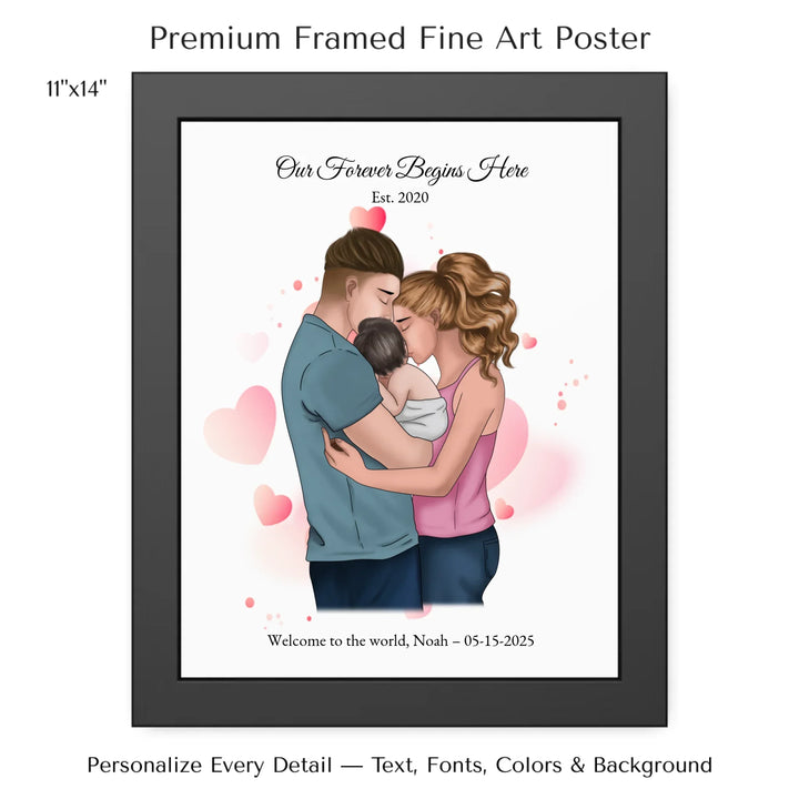 Illustrated custom family portrait wall art with couple holding baby, watercolor background, and personalized text including names, date, and quote - 11x14 framed poster-ARTFULANE