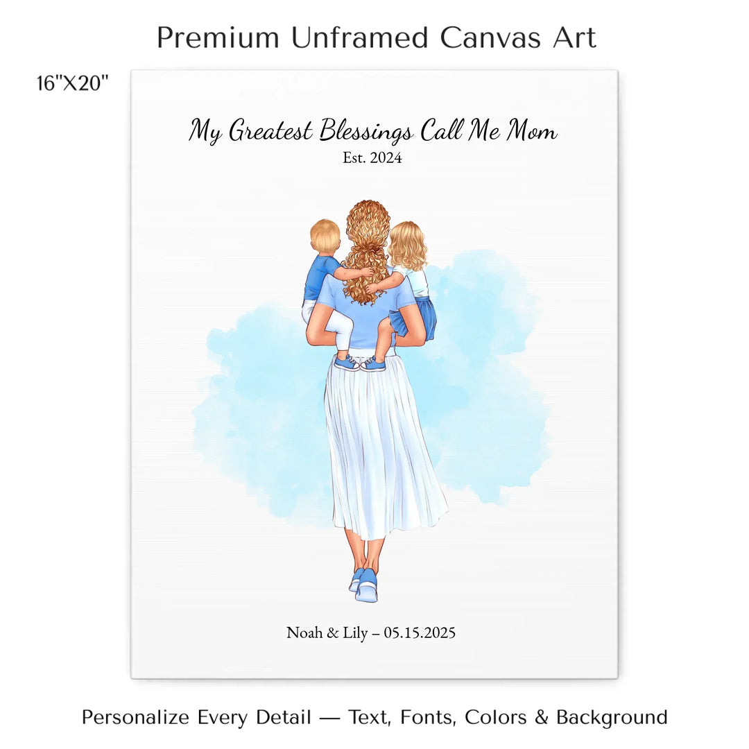 Illustrated custom portrait of mother holding baby, watercolor-style background, personalized names and date included - 16x20 stretched canvas-ARTFULANE