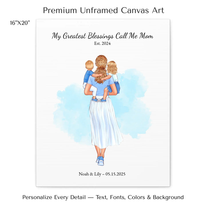 Illustrated custom portrait of mother holding baby, watercolor-style background, personalized names and date included - 16x20 stretched canvas-ARTFULANE