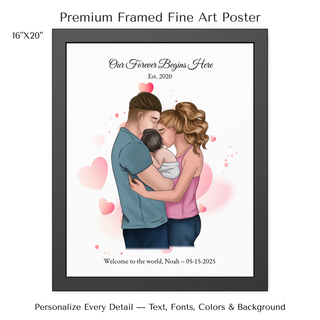 Illustrated custom family portrait wall art with couple holding baby, watercolor background, and personalized text including names, date, and quote -16x20 framed poster-ARTFULANE