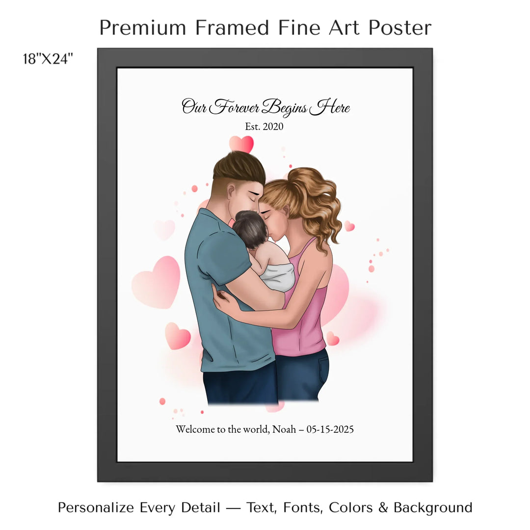 Illustrated custom family portrait wall art with couple holding baby, watercolor background, and personalized text including names, date, and quote -18x24 framed poster-ARTFULANE