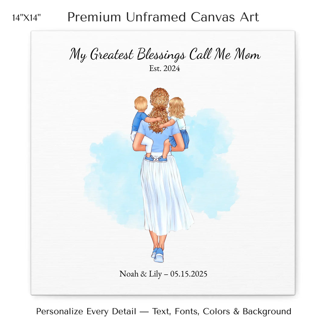 Illustrated custom portrait of mother holding baby, watercolor-style background, personalized names and date included - 14x14 stretched canvas-ARTFULANE