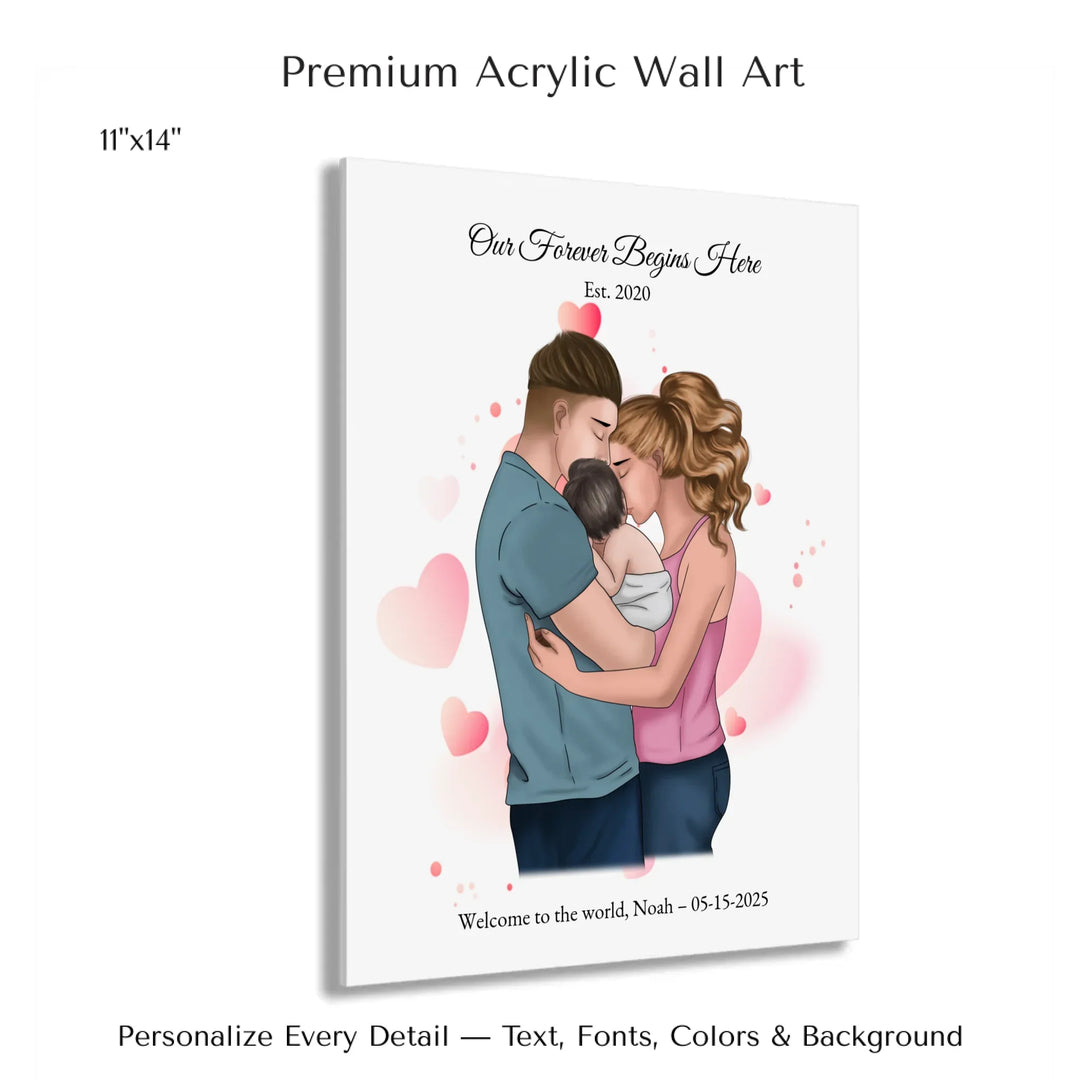 Illustrated custom family portrait wall art with couple holding baby, watercolor background, and personalized text including names, date, and quote -11x14 acrylic print with french cleat-ARTFULANE