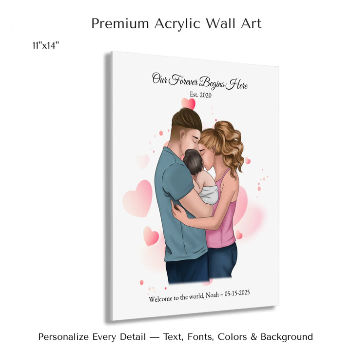 Illustrated custom family portrait wall art with couple holding baby, watercolor background, and personalized text including names, date, and quote -11x14 acrylic print with french cleat-ARTFULANE