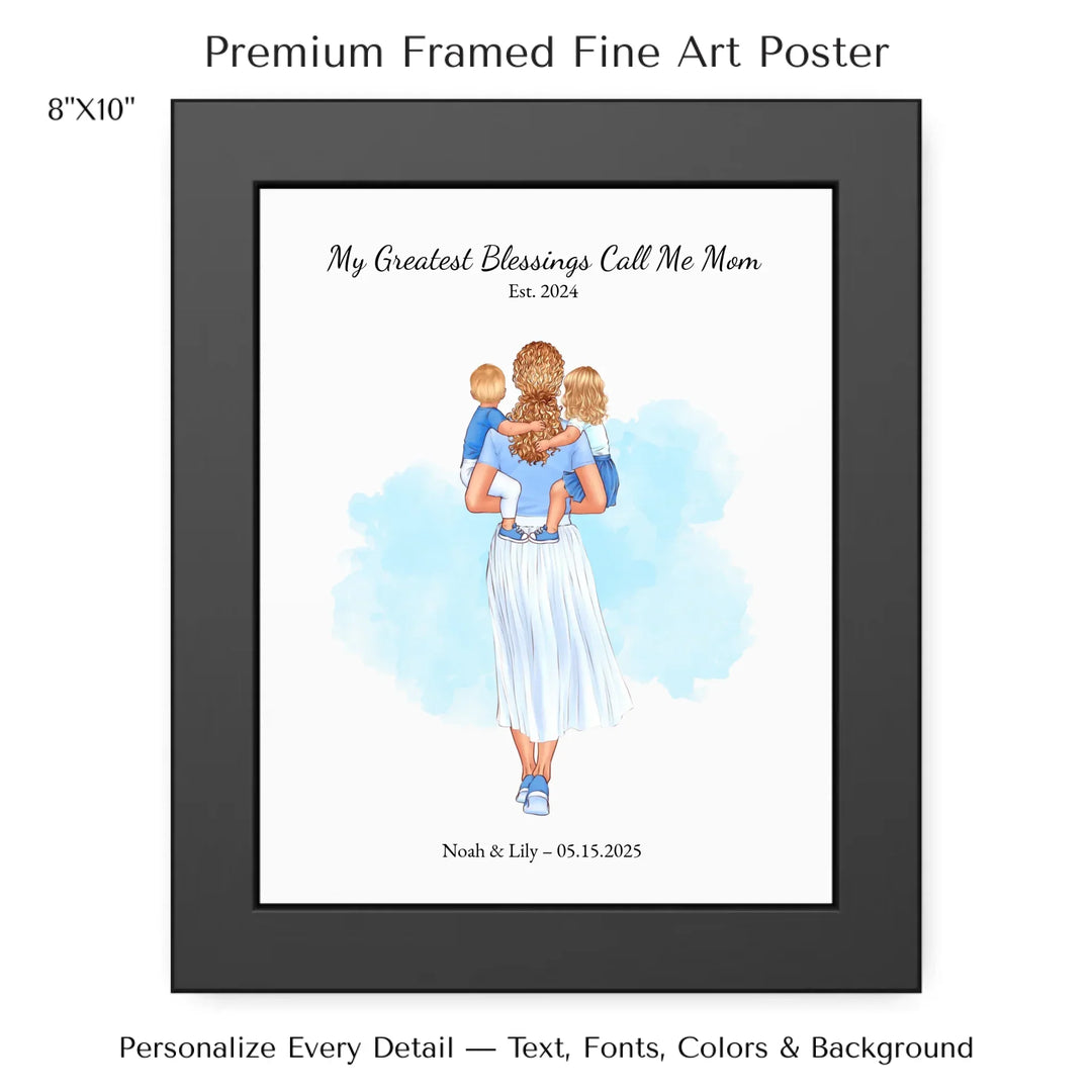 Illustrated custom portrait of mother holding baby, watercolor-style background, personalized names and date included - 8x10 framed poster-ARTFULANE