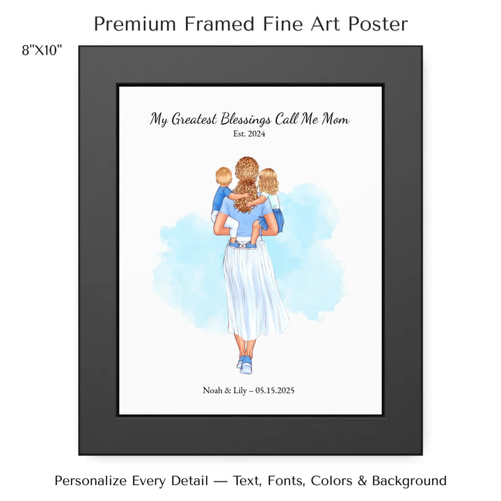 Illustrated custom portrait of mother holding baby, watercolor-style background, personalized names and date included - 8x10 framed poster-ARTFULANE
