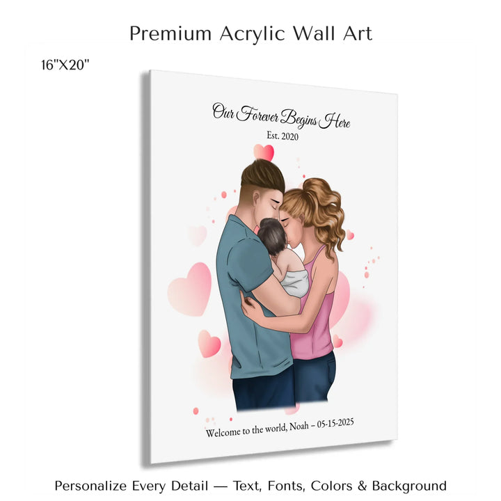 Illustrated custom family portrait wall art with couple holding baby, watercolor background, and personalized text including names, date, and quote -16x20 acrylic print with french cleat-ARTFULANE