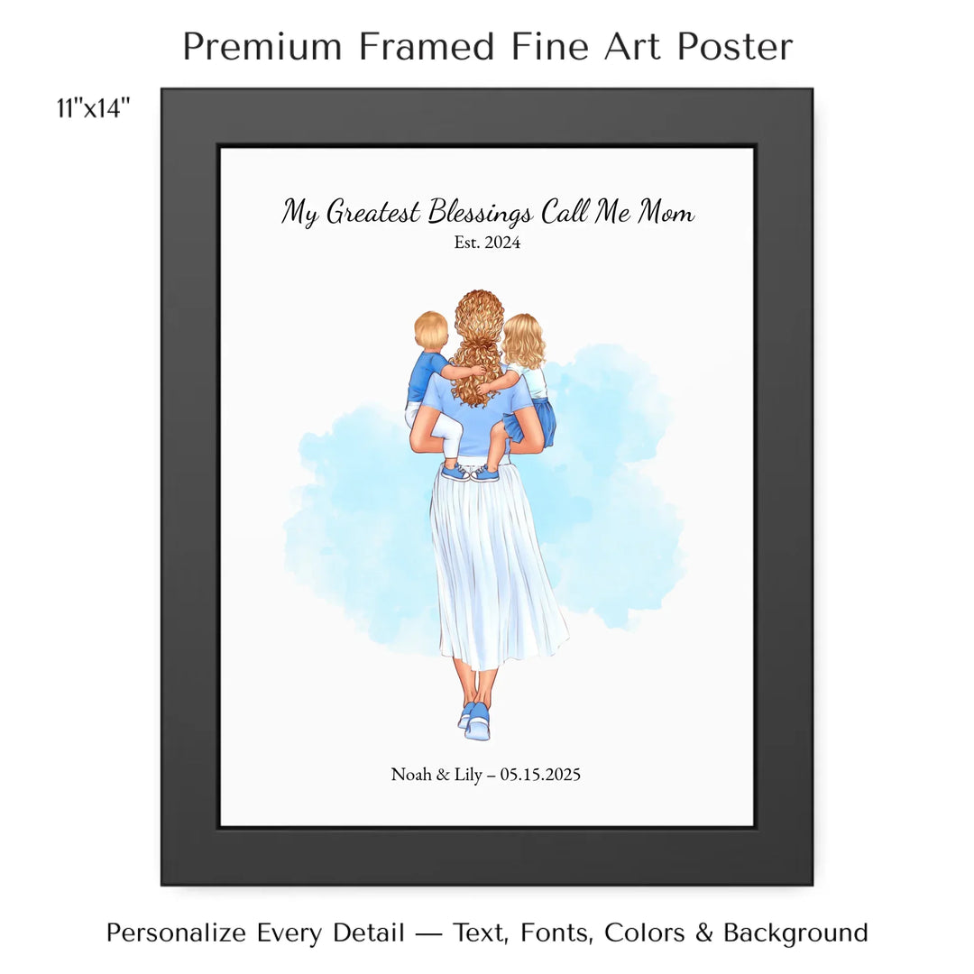 Illustrated custom portrait of mother holding baby, watercolor-style background, personalized names and date included - 11x14 framed poster-ARTFULANE