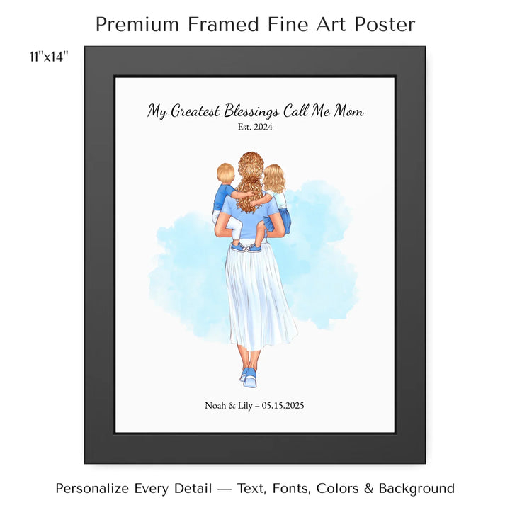 Illustrated custom portrait of mother holding baby, watercolor-style background, personalized names and date included - 11x14 framed poster-ARTFULANE