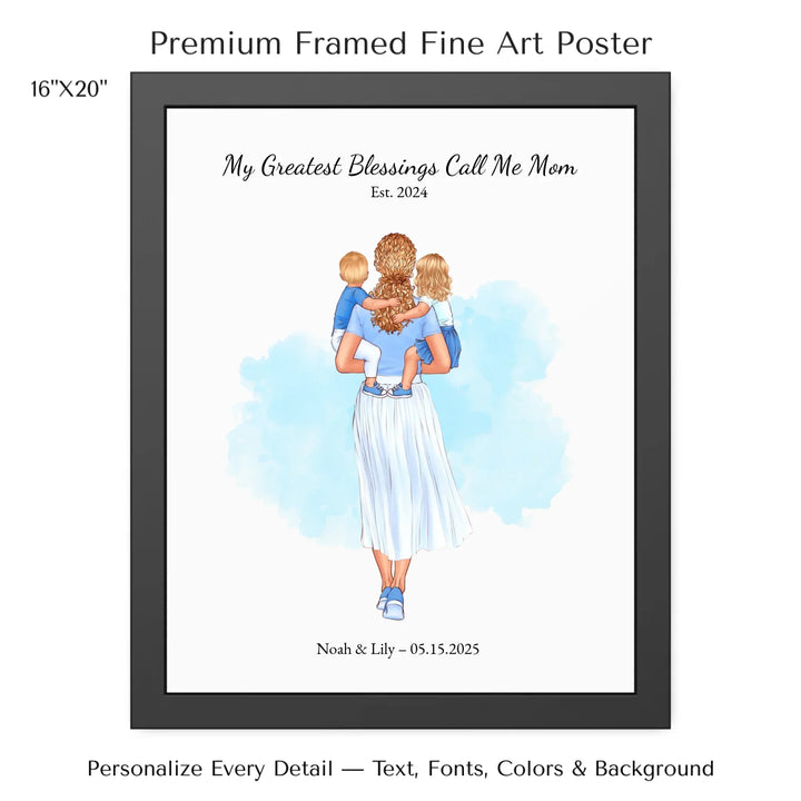 Illustrated custom portrait of mother holding baby, watercolor-style background, personalized names and date included - 16x20 framed poster-ARTFULANE
