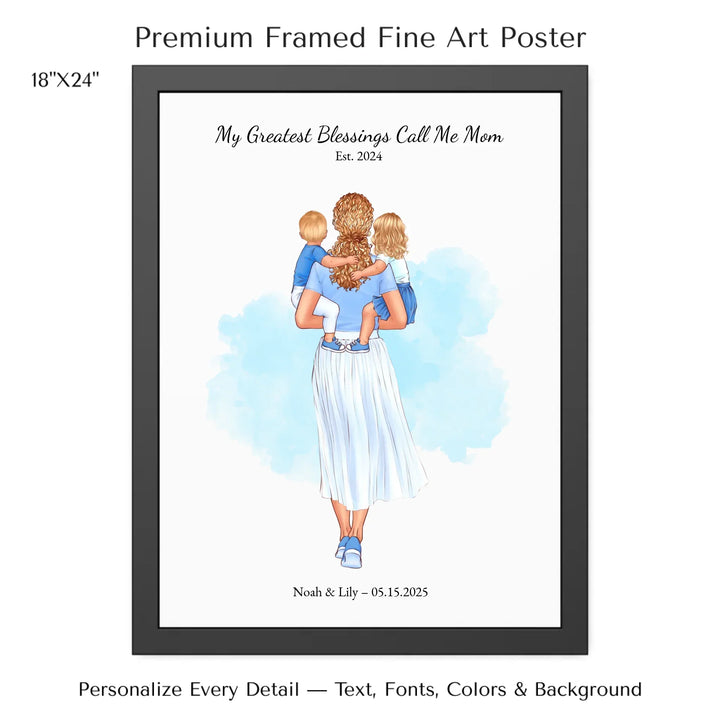 Illustrated custom portrait of mother holding baby, watercolor-style background, personalized names and date included -18x24 framed poster-ARTFULANE