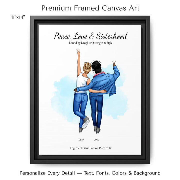 Personalized wall art of 2 best friends from behind, wearing denim and making peace signs – custom portrait illustration -11x14 framed canvas-ARTFULANE