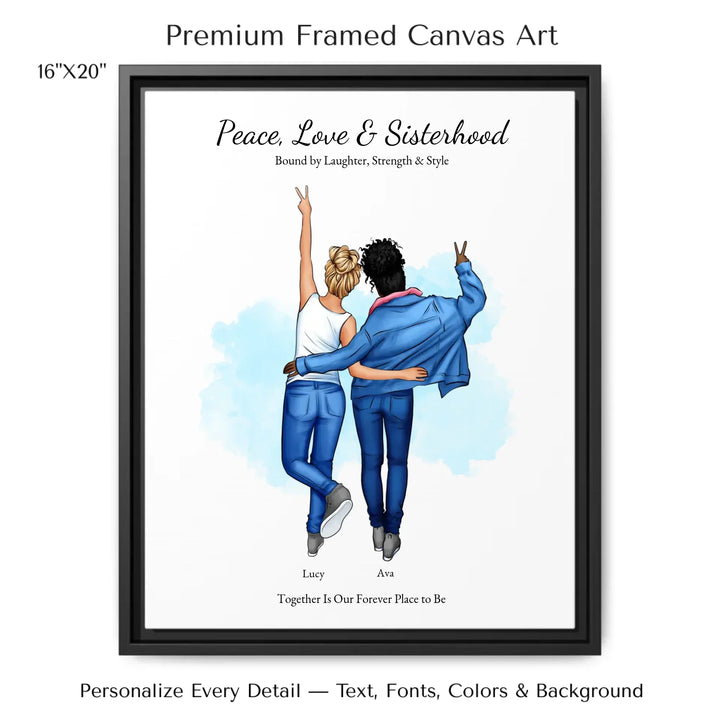 Personalized wall art of 2 best friends from behind, wearing denim and making peace signs – custom portrait illustration -16x20 framed canvas-ARTFULANE