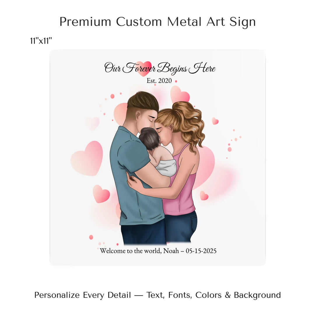 Illustrated custom family portrait wall art with couple holding baby, watercolor background, and personalized text including names, date, and quote -11x11 metal art sign-ARTFULANE