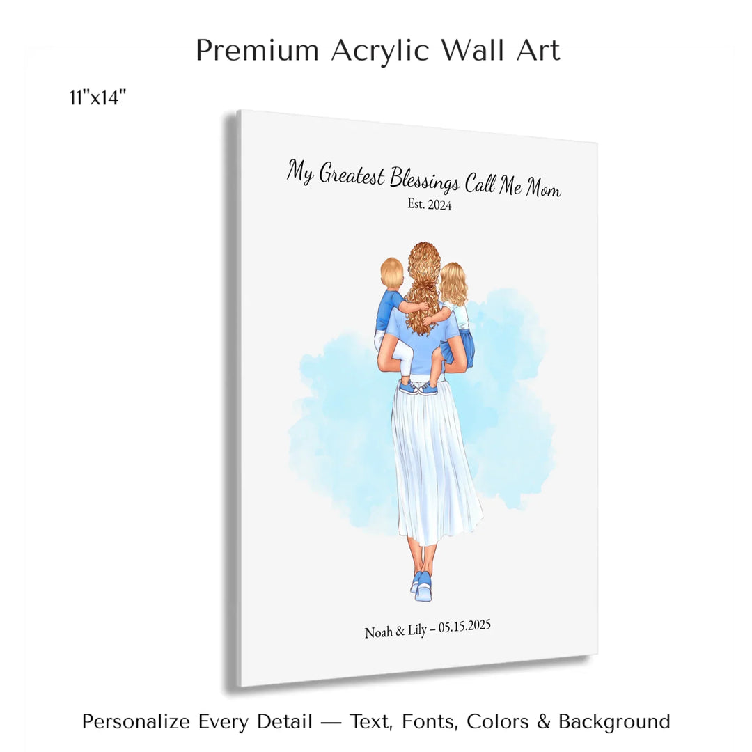 Illustrated custom portrait of mother holding baby, watercolor-style background, personalized names and date included - 11x14 acrylic print with french cleat-ARTFULANE