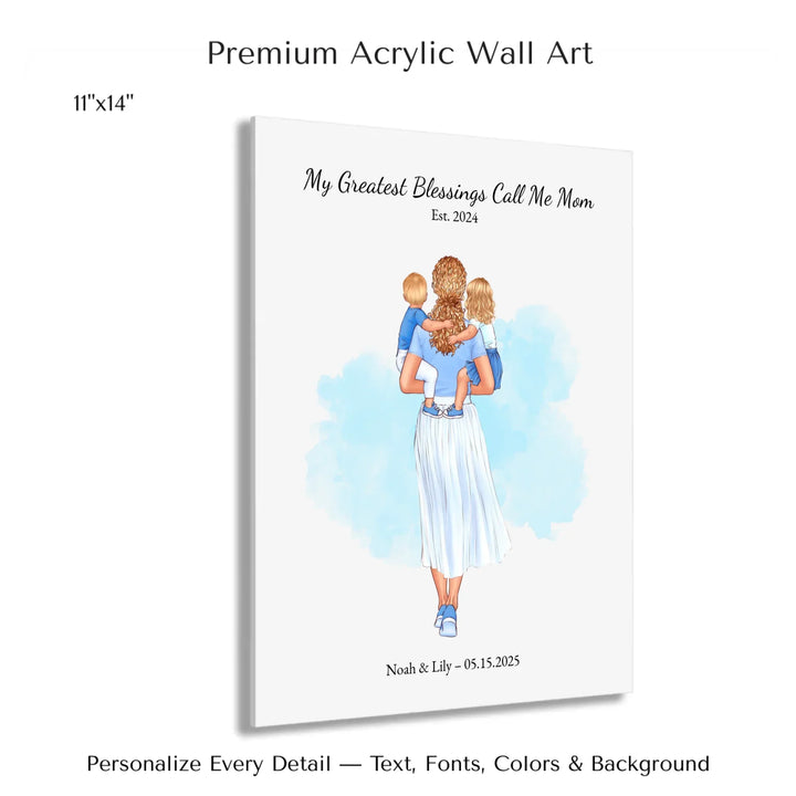 Illustrated custom portrait of mother holding baby, watercolor-style background, personalized names and date included - 11x14 acrylic print with french cleat-ARTFULANE