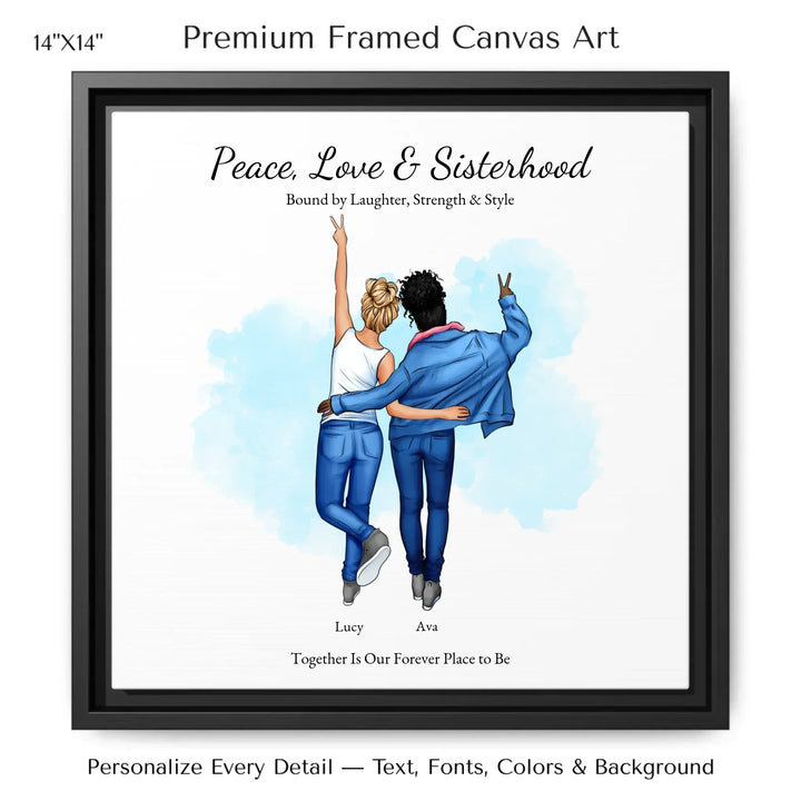 Personalized wall art of 2 best friends from behind, wearing denim and making peace signs – custom portrait illustration -14x14 framed canvas-ARTFULANE