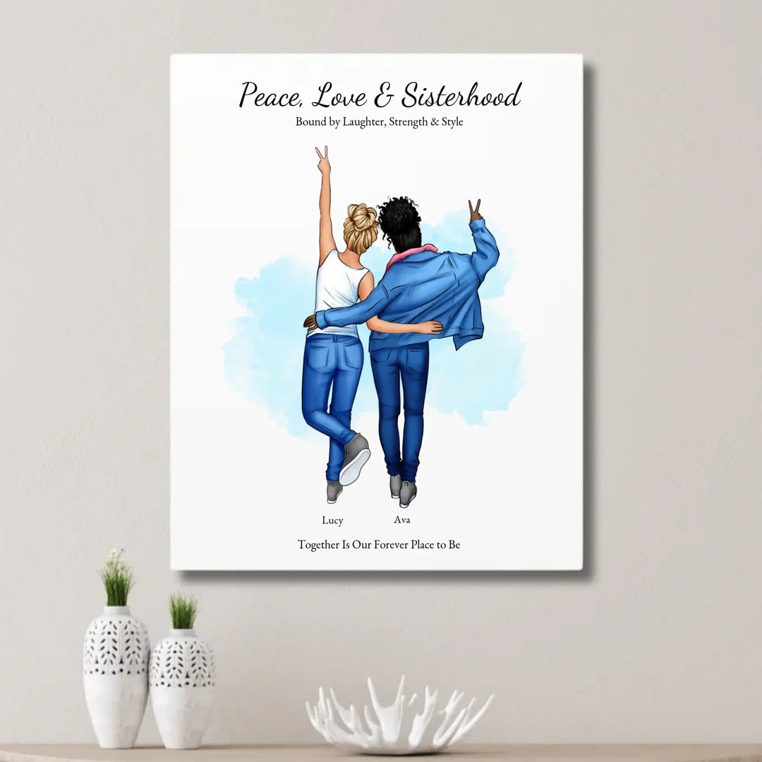 Personalized wall art of 2 best friends from behind, wearing denim and making peace signs – custom portrait illustration - unframed canvas on wall-ARTFULANE