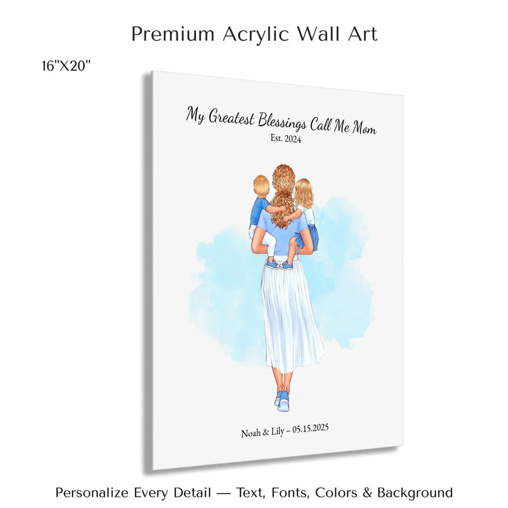 Illustrated custom portrait of mother holding baby, watercolor-style background, personalized names and date included - 16x20 acrylic print with french cleat-ARTFULANE