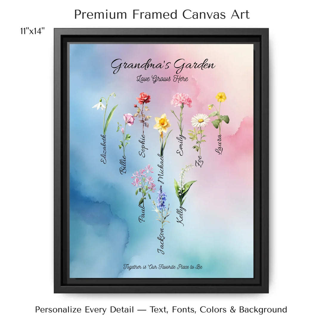 Personalized birth month flower art print with custom names, watercolor floral design, and optional title or quote – perfect gift for mom, grandma, or family - 11x14 framed canvas-ARTFULANE