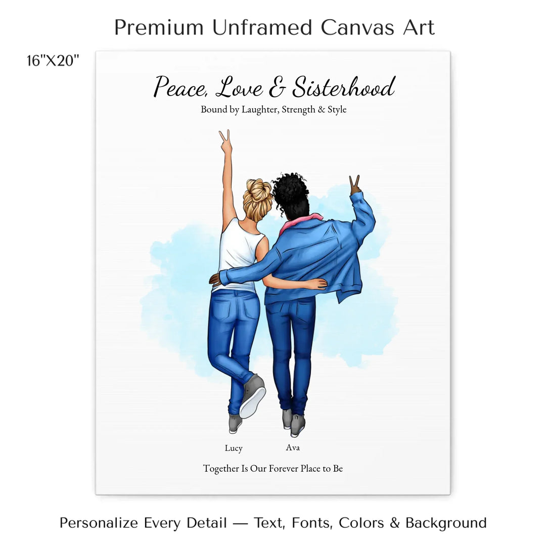 Personalized wall art of 2 best friends from behind, wearing denim and making peace signs – custom portrait illustration - 16x20 stretched canvas-ARTFULANE