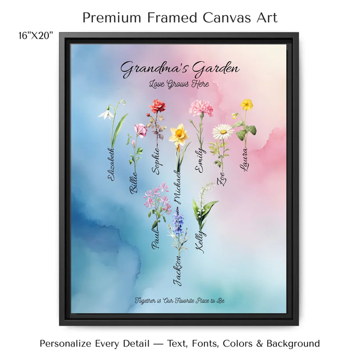 Personalized birth month flower art print with custom names, watercolor floral design, and optional title or quote – perfect gift for mom, grandma, or family - 16x20 framed canvas-ARTFULANE